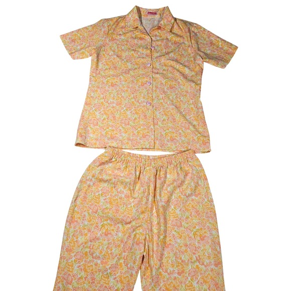 Vintage Tops - Vintage 70s Floral Matching Set 2 Pc Button Up Wide Leg Pants Orange Peach XS